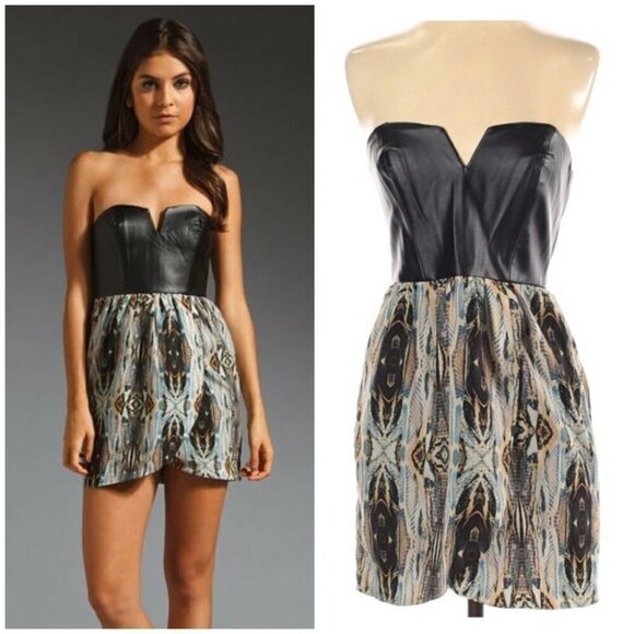 Ladakh Sz 2 Black Faux Leather Strapless Mini Dress Faux Wrap Tulip Snake Print - Picture 9 of 11